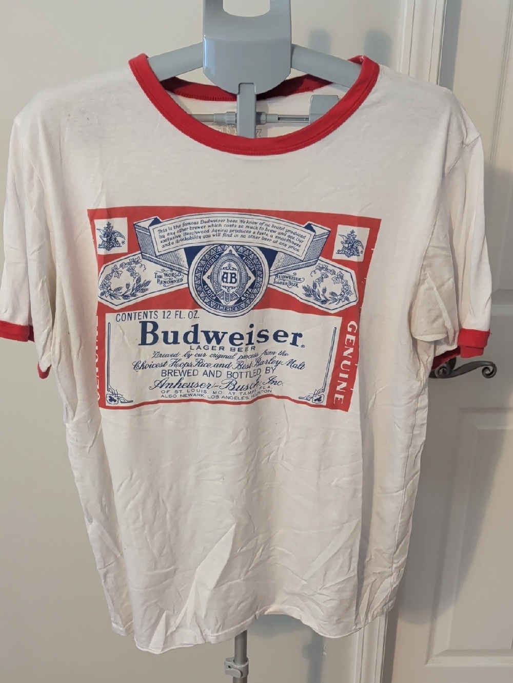 Budweiser White Tee with Red Ringer and Logo